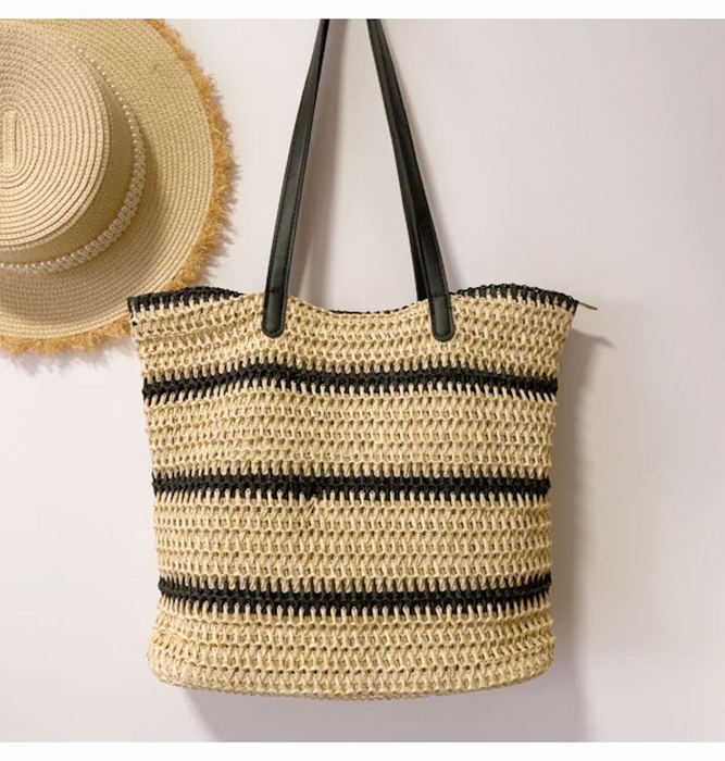 Large Straw Tote with Narrow Black Stripes