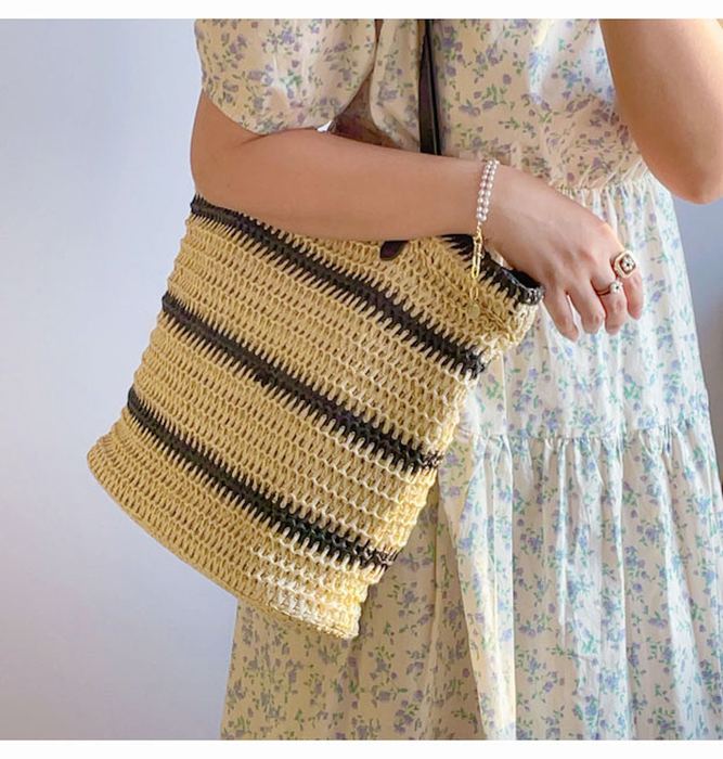 Large Straw Tote with Narrow Black Stripes