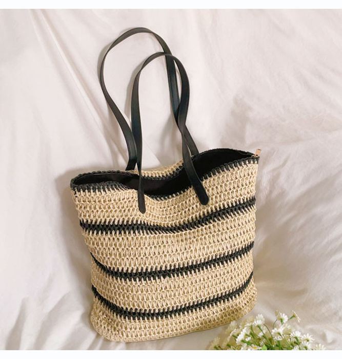 Large Straw Tote with Narrow Black Stripes