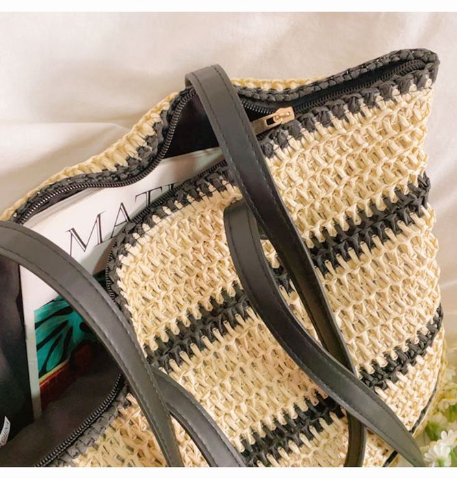 Large Straw Tote with Narrow Black Stripes