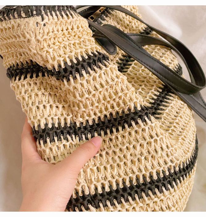 Large Straw Tote with Narrow Black Stripes