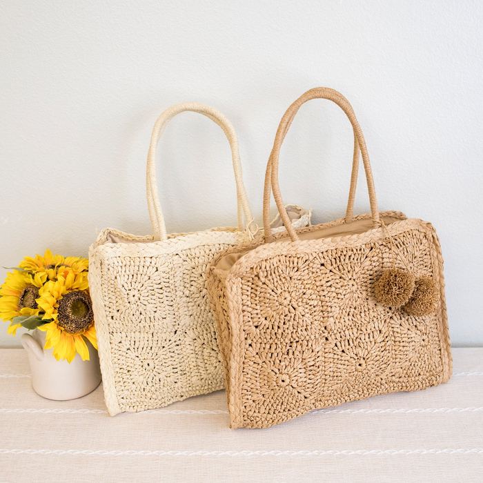 Large Rectangular Straw Tote with Pom-Pom Accent