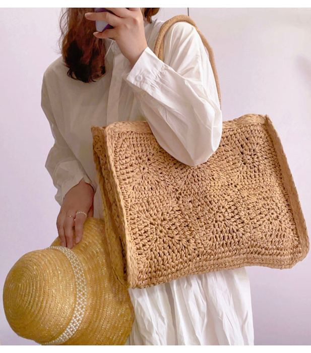 Large Rectangular Straw Tote with Pom-Pom Accent