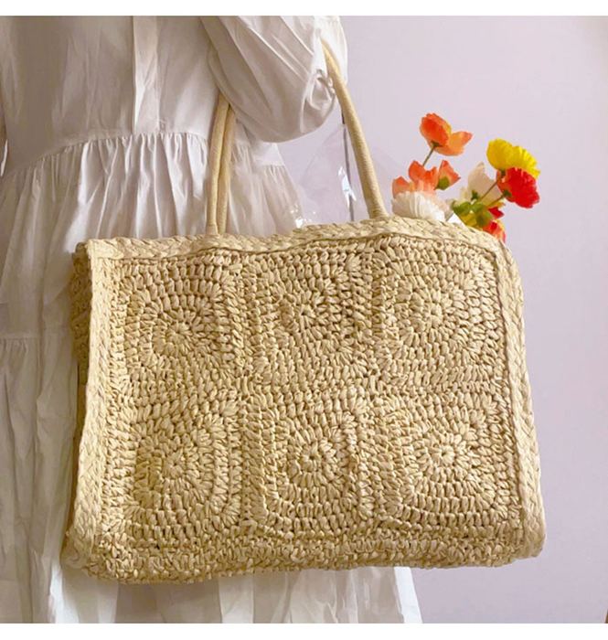 Large Rectangular Straw Tote with Pom-Pom Accent