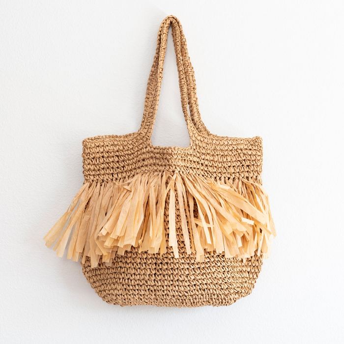 Large Straw Shoulder Tote with Wide Fringe Band