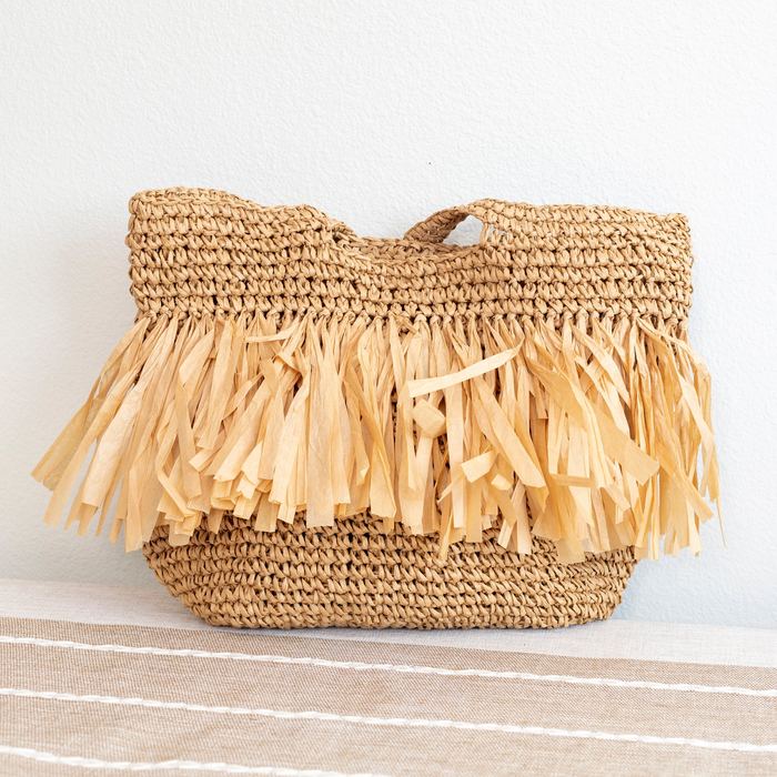 Large Straw Shoulder Tote with Wide Fringe Band