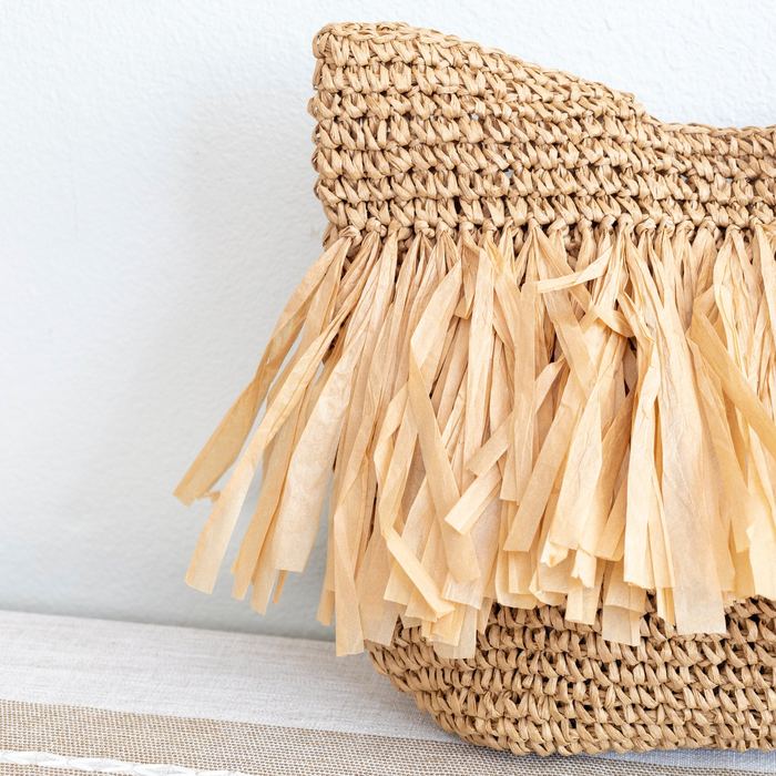Large Straw Shoulder Tote with Wide Fringe Band