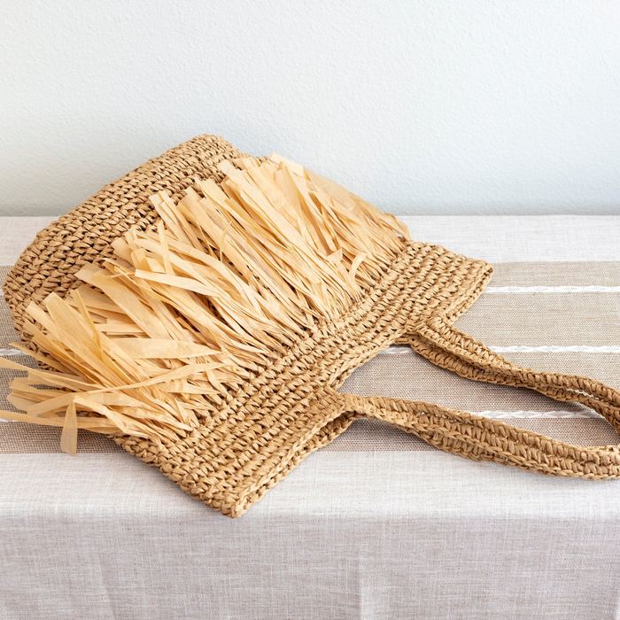 Large Straw Shoulder Tote with Wide Fringe Band