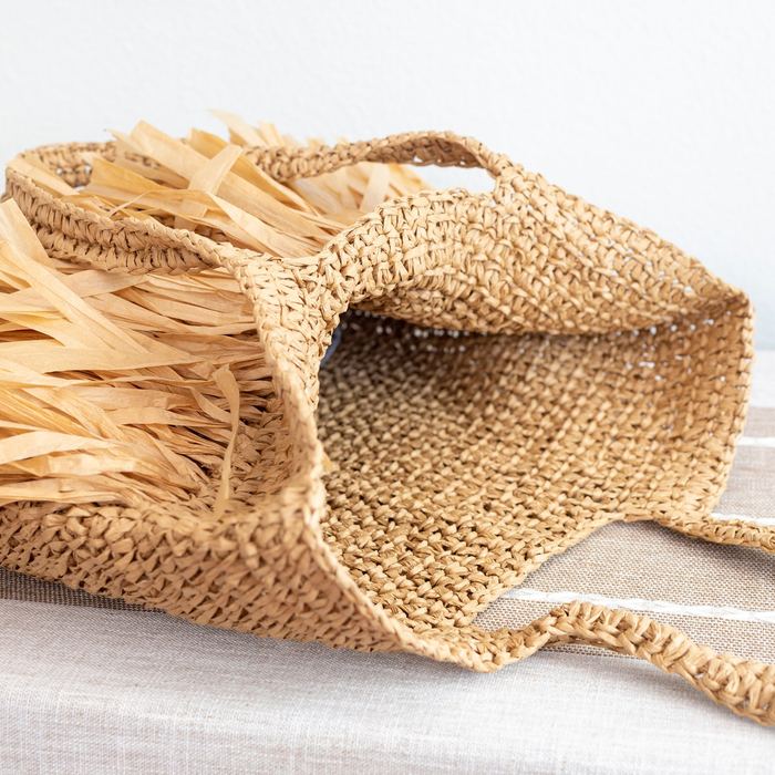 Large Straw Shoulder Tote with Wide Fringe Band