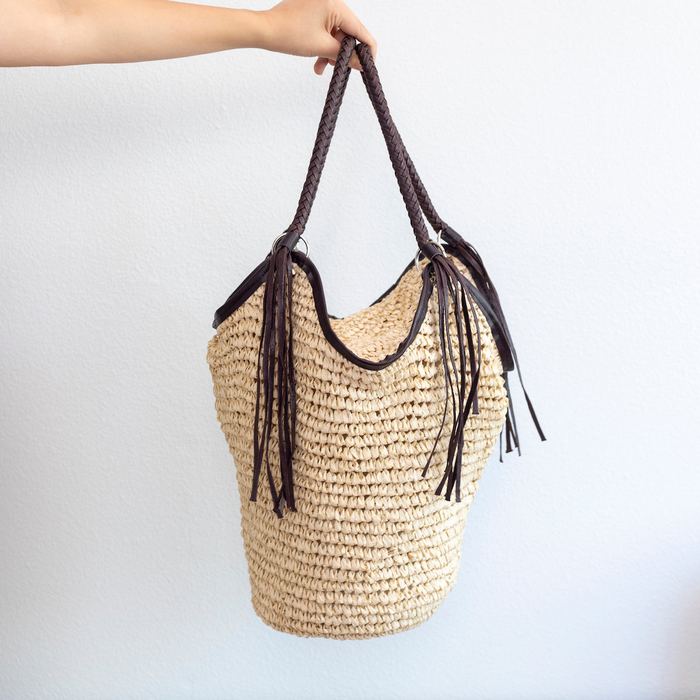 Large Woven Straw Bucket Tote with Tassel Trim