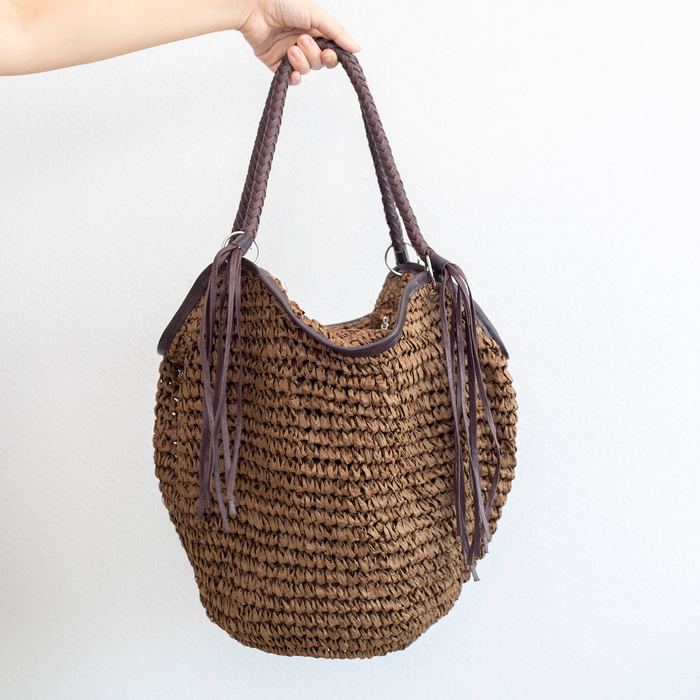 Large Woven Straw Bucket Tote with Tassel Trim