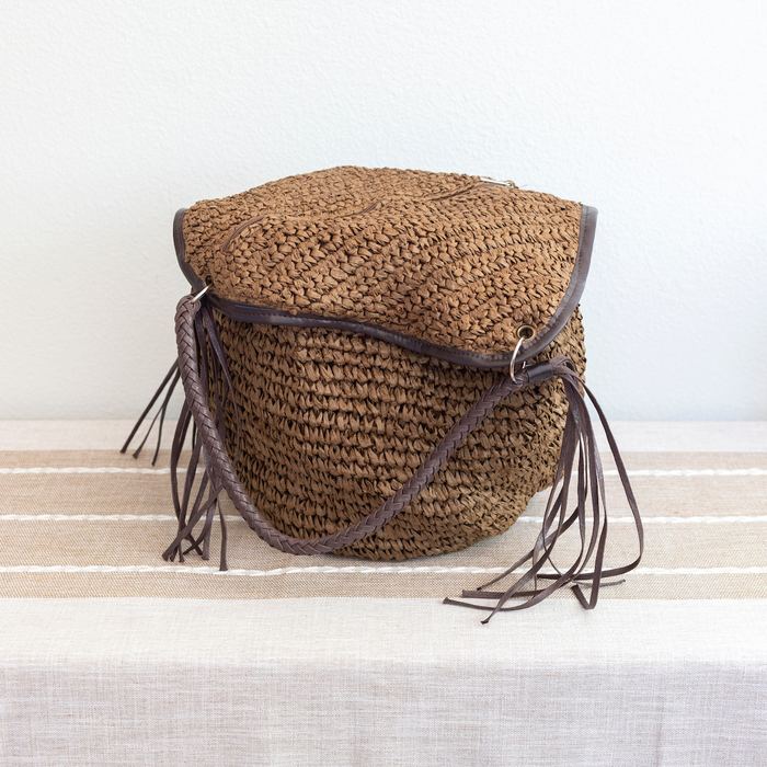 Large Woven Straw Bucket Tote with Tassel Trim