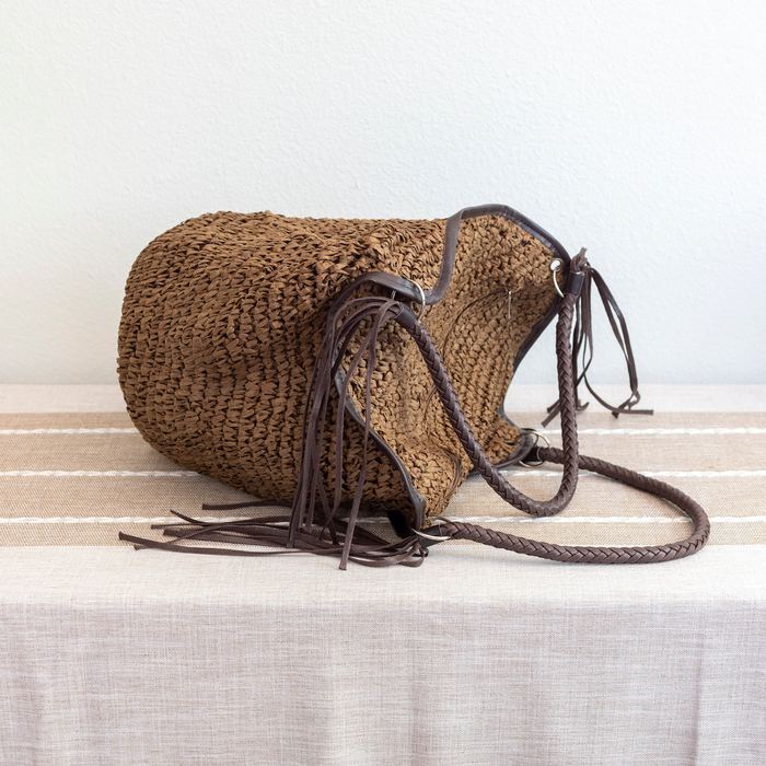 Large Woven Straw Bucket Tote with Tassel Trim