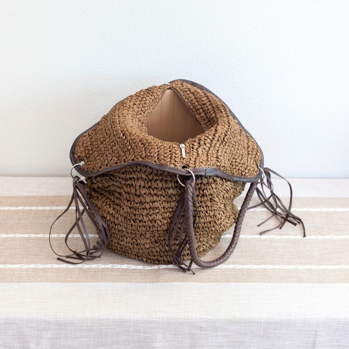 Large Woven Straw Bucket Tote with Tassel Trim