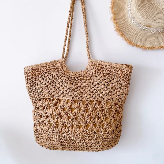 Large Straw Shoulder Tote with Openwork Center Band