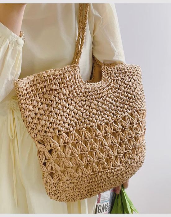 Large Straw Shoulder Tote with Openwork Center Band