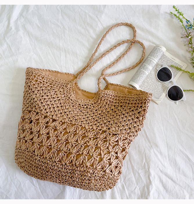 Large Straw Shoulder Tote with Openwork Center Band