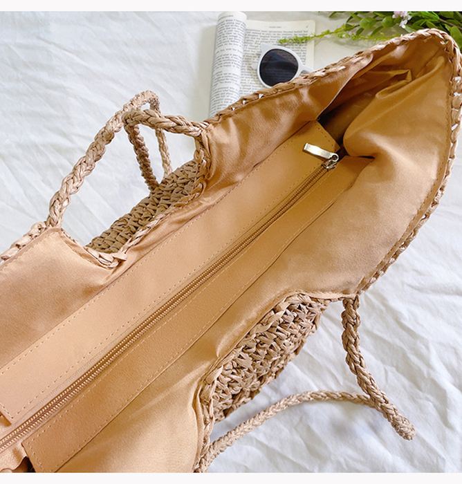Large Straw Shoulder Tote with Openwork Center Band
