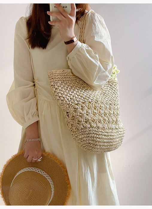 Large Straw Shoulder Tote with Openwork Center Band