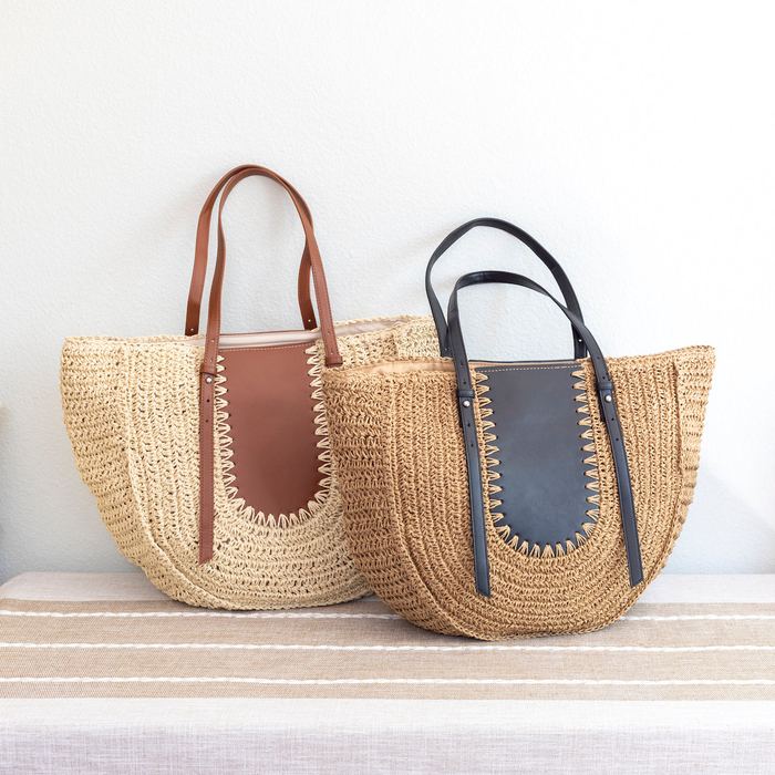 Large Rounded Straw Tote with Contrast Front Panel