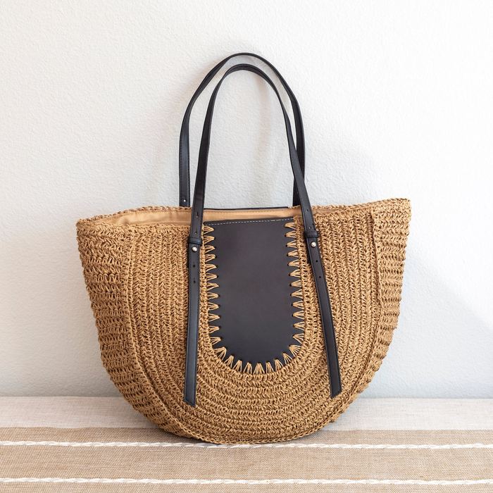 Large Rounded Straw Tote with Contrast Front Panel