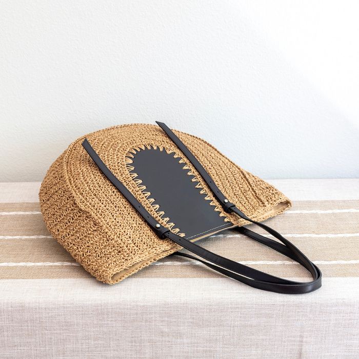 Large Rounded Straw Tote with Contrast Front Panel