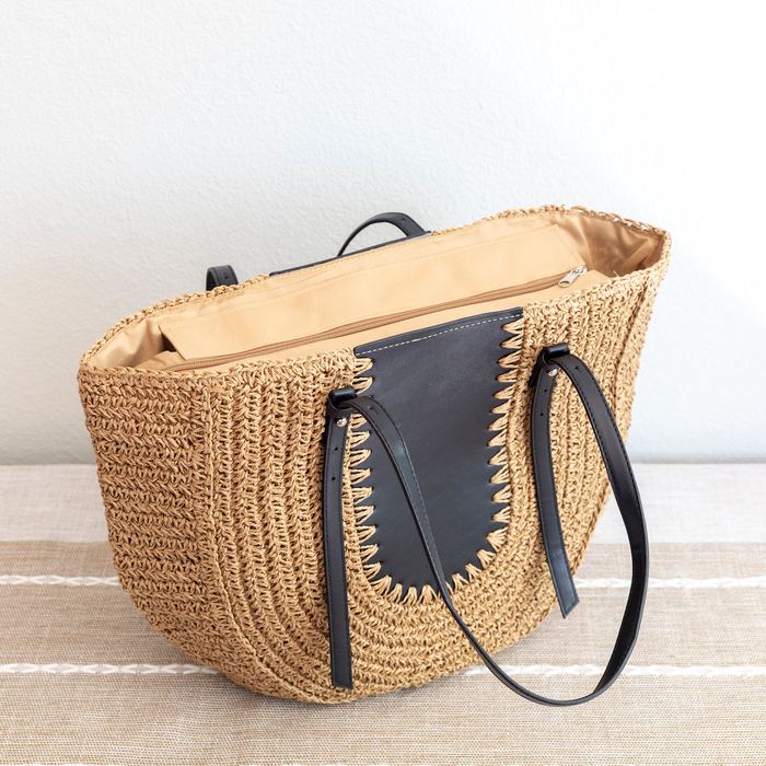 Large Rounded Straw Tote with Contrast Front Panel