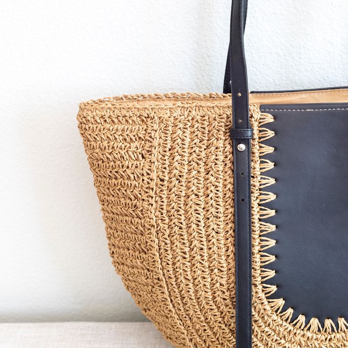 Large Rounded Straw Tote with Contrast Front Panel