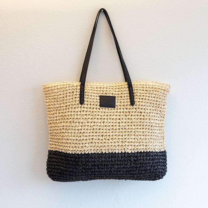 Large Woven Straw Tote with Black Base and Long Handles