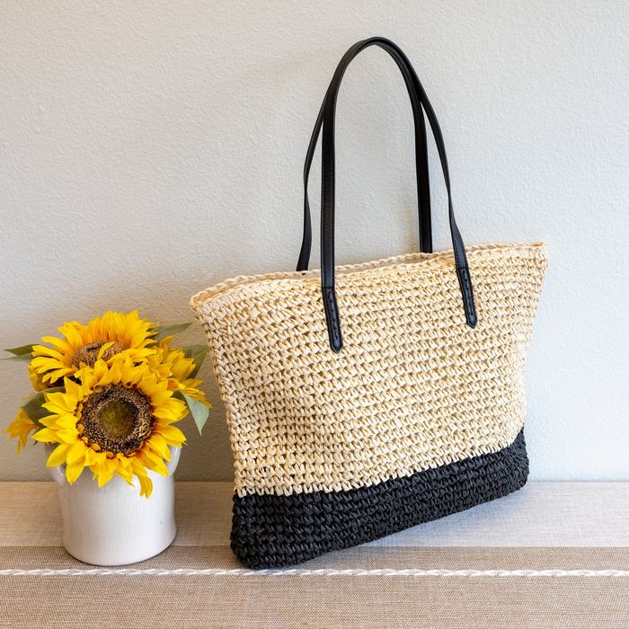 Large Woven Straw Tote with Black Base and Long Handles