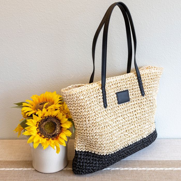 Large Woven Straw Tote with Black Base and Long Handles