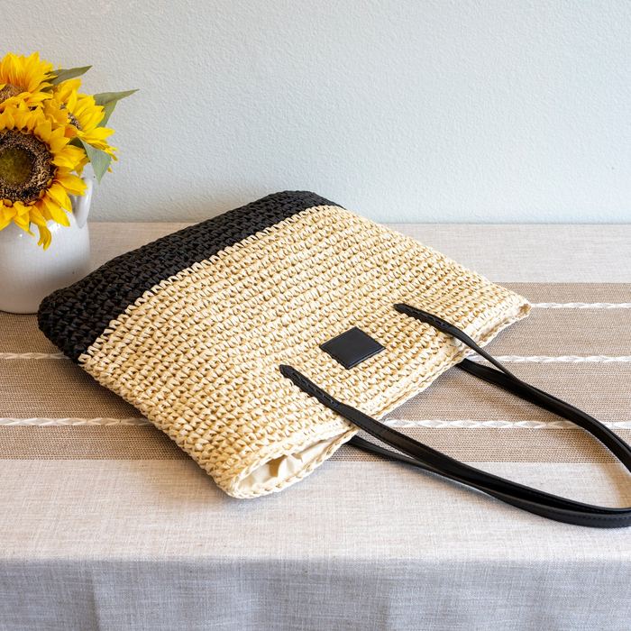 Large Woven Straw Tote with Black Base and Long Handles