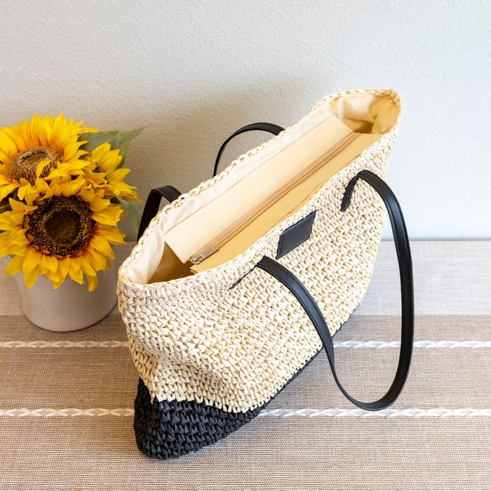 Large Woven Straw Tote with Black Base and Long Handles