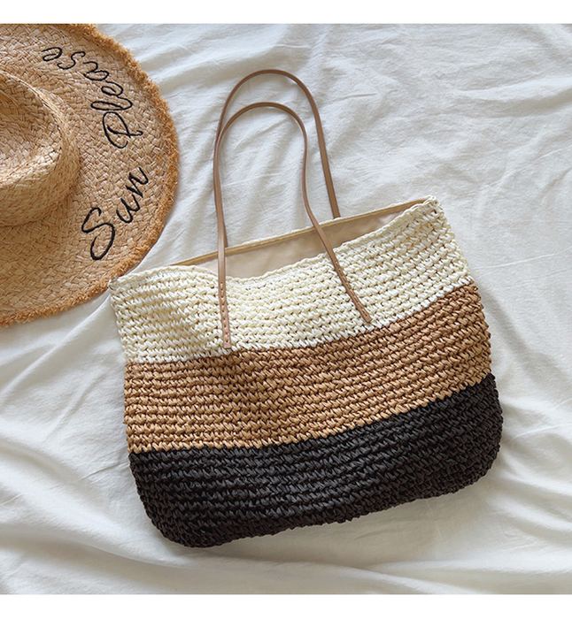 Large Colorblock Straw Tote in Cream, Tan and Black
