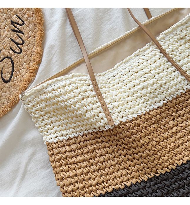Large Colorblock Straw Tote in Cream, Tan and Black