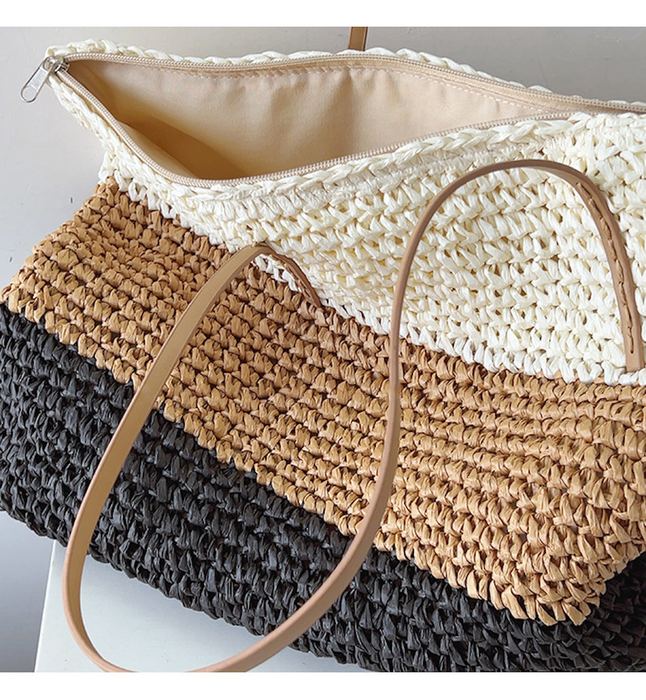 Large Colorblock Straw Tote in Cream, Tan and Black