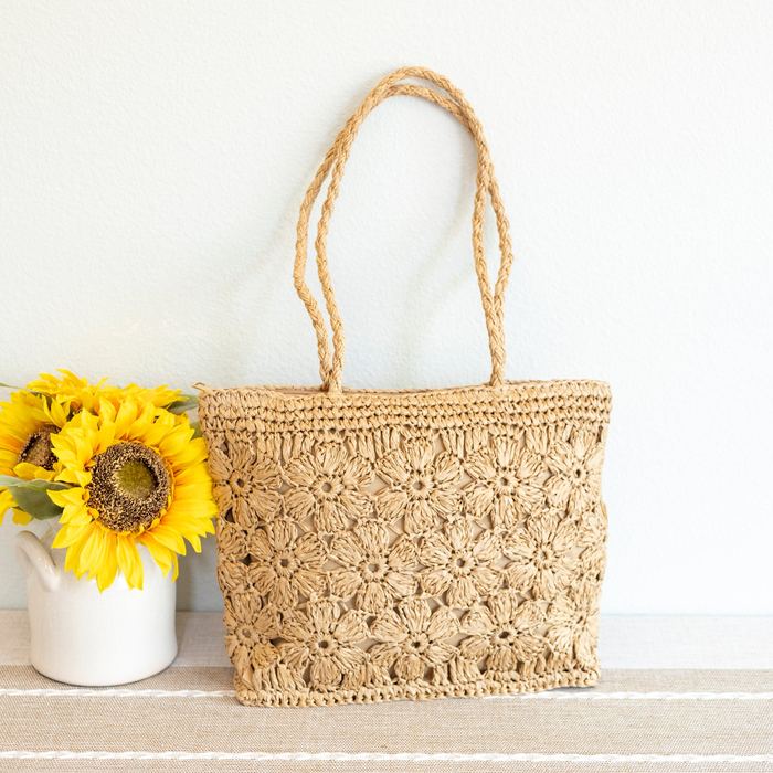 Floral Openwork Straw Shoulder Tote