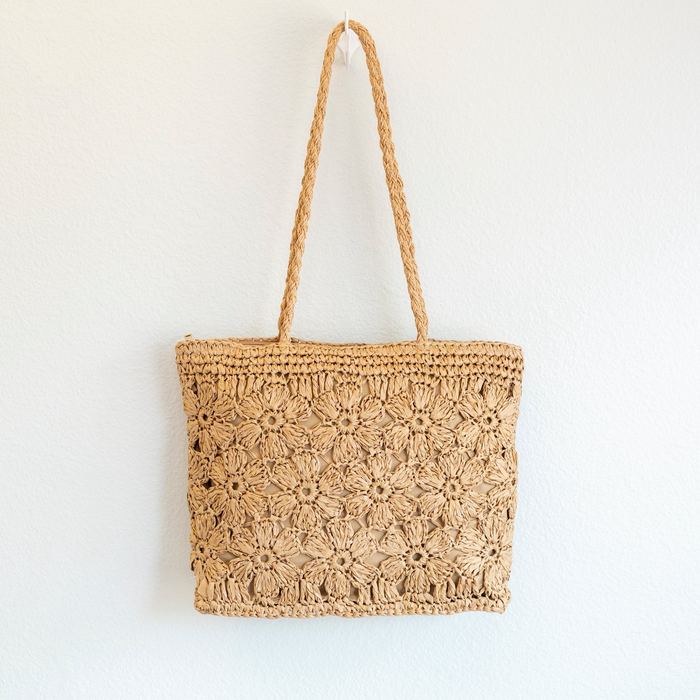 Floral Openwork Straw Shoulder Tote