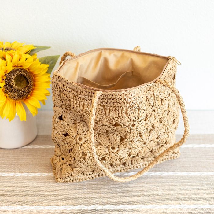 Floral Openwork Straw Shoulder Tote