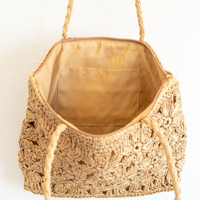 Floral Openwork Straw Shoulder Tote