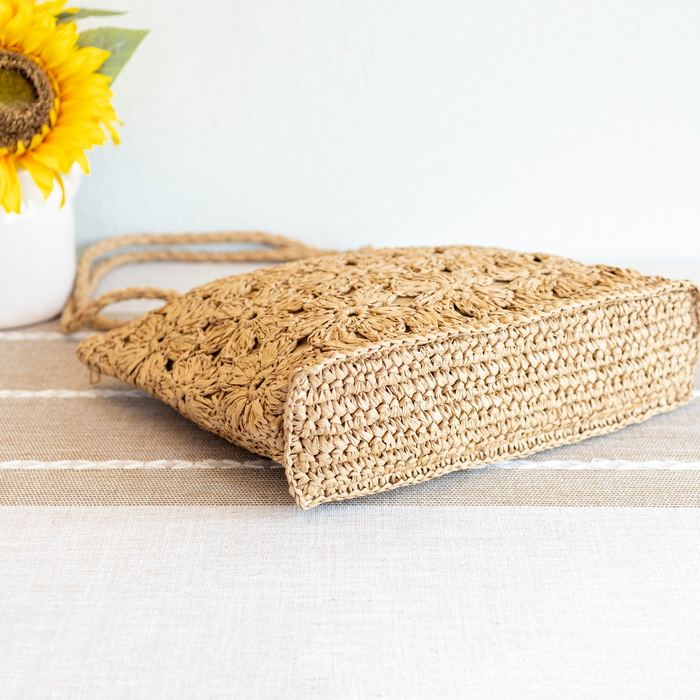 Floral Openwork Straw Shoulder Tote