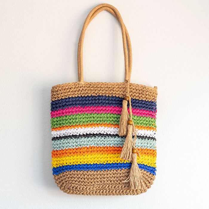 Multicolor Striped Straw Tote with Long Woven Handles