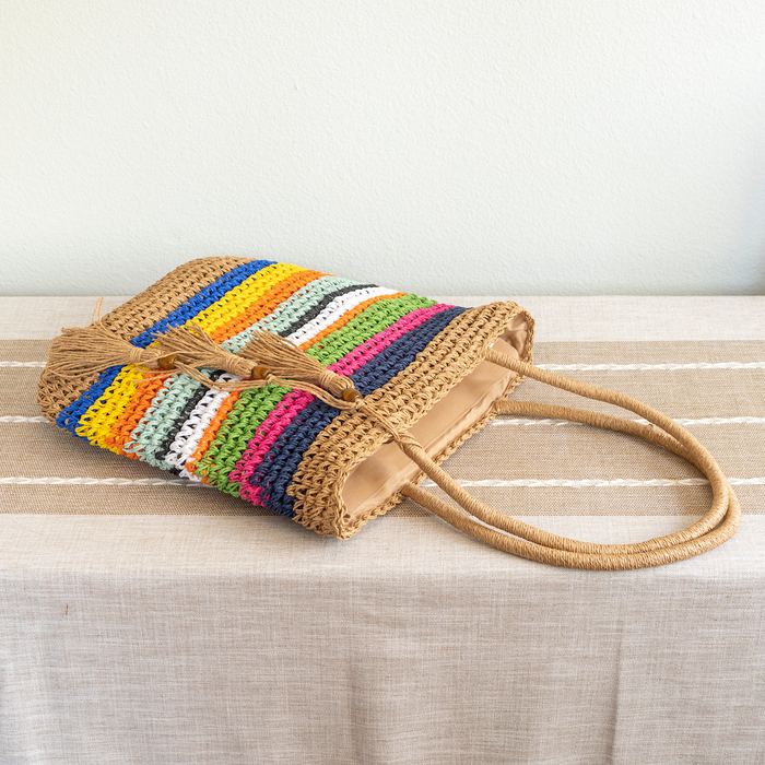 Multicolor Striped Straw Tote with Long Woven Handles