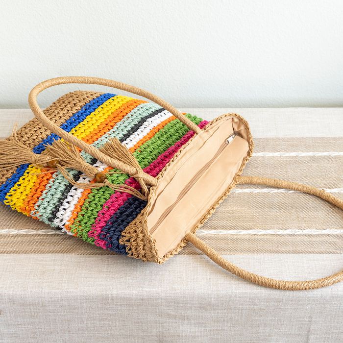 Multicolor Striped Straw Tote with Long Woven Handles