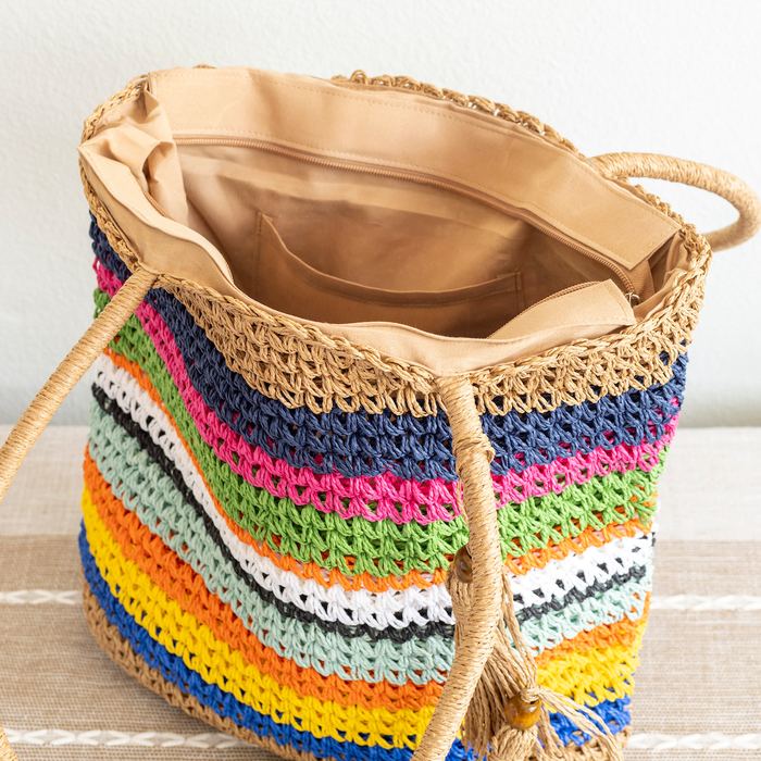 Multicolor Striped Straw Tote with Long Woven Handles