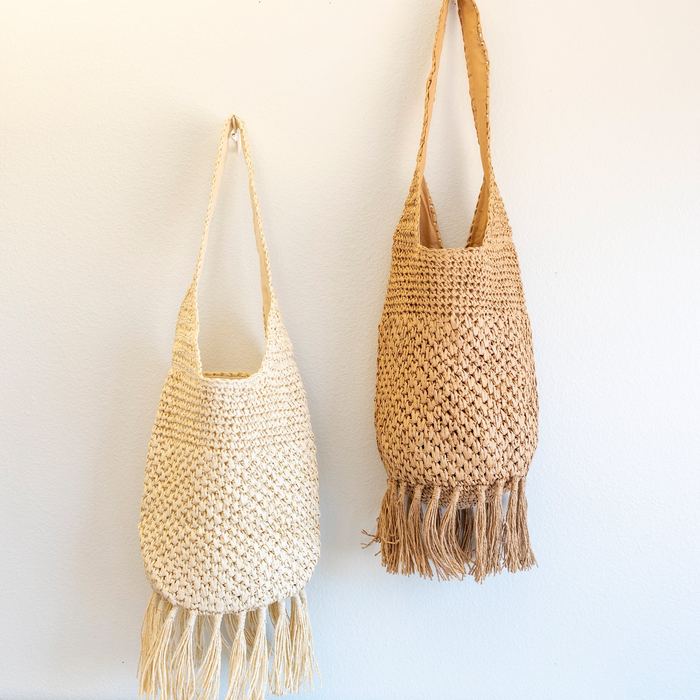 Woven Straw Shoulder Bag with Long Fringe