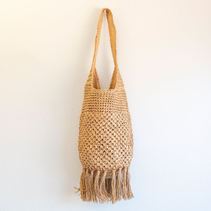 Woven Straw Shoulder Bag with Long Fringe