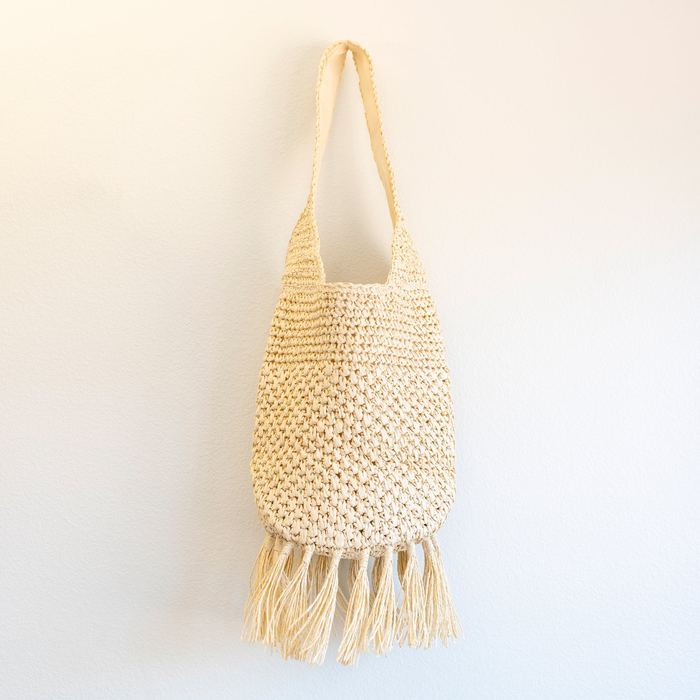 Woven Straw Shoulder Bag with Long Fringe