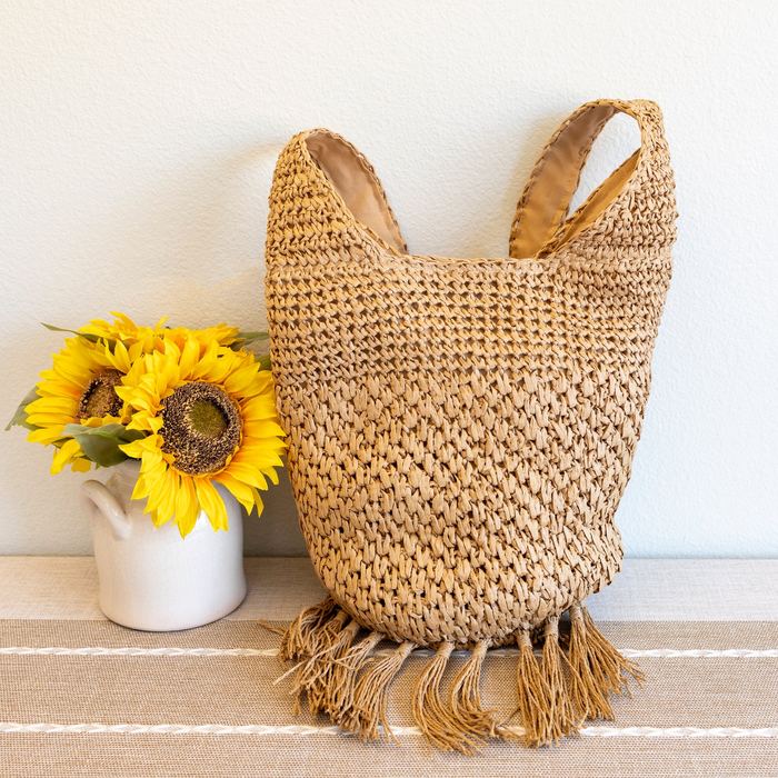 Woven Straw Shoulder Bag with Long Fringe