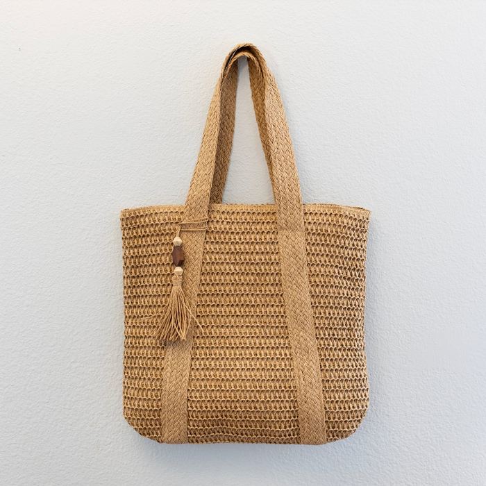 Large Woven Straw Shoulder Tote with Tassel Accent